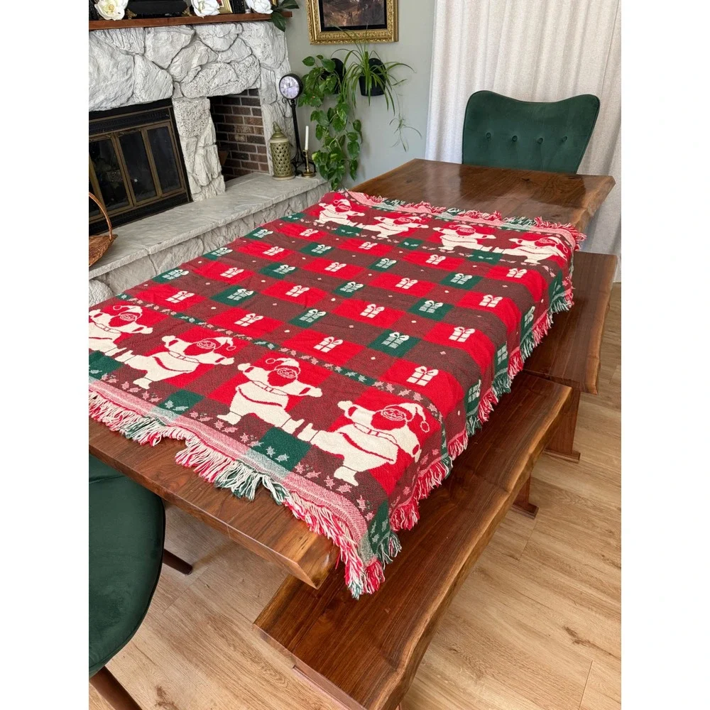 Vintage Christmas Woven Tapestry Throw Blanket Santa Claus Reversible 60x48